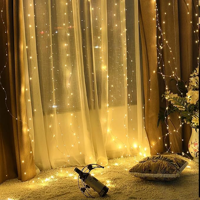 Vigdur Led Curtain String Lights, 2 Packs 8FT Window Fairy Lights for Bedroom with 210 Warm LEDs, Hanging Twinkle Indoor String Light for Party Wedding Garden Wall Decor(8 * 7ft)