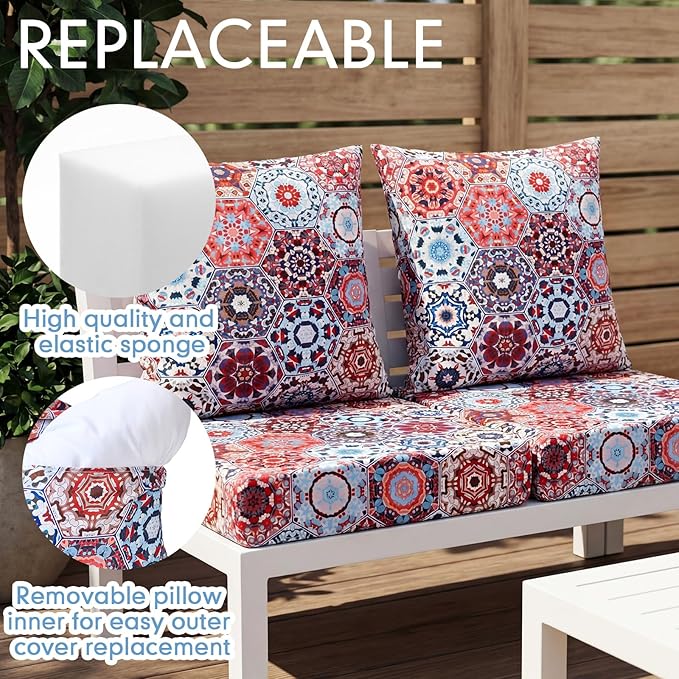 Hoteam 4 Set Outdoor Chair Patio Cushions Deep Seat Waterproof Chair Cushions 20 x 20 Inch for Patio Furniture Set Replacement Removable Seat and Back(Ethnic Style)