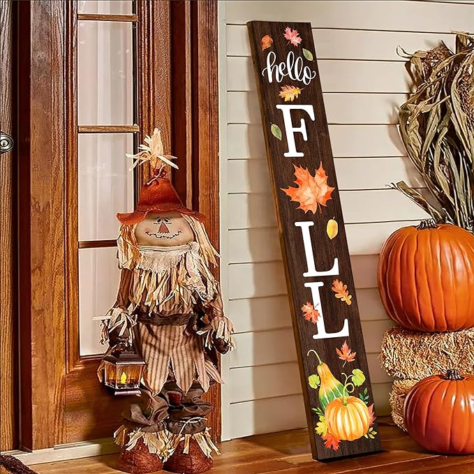 Hello Fall Welcome Sign for Front Porch Standing, Wooden Porch Sign with Leaves for Front Door Decorations, Rustic Farmhouse Hanging Wall Sign for Harvest Thanksgiving Decor 47.2"H