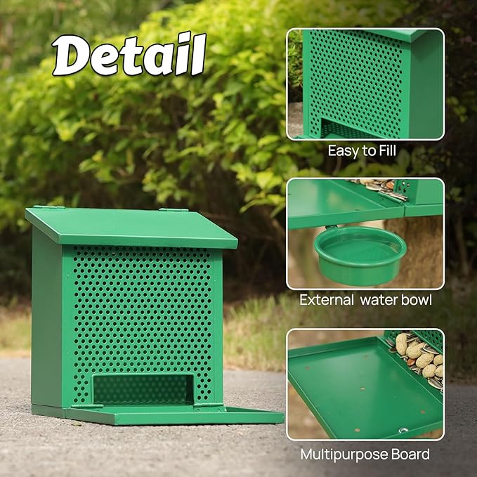 Squirrel Feeders for Outside，Squirrel Feeder with Foldable Metal Front Panel Perch Funny Metal Chipmunk House Hanging Boxes Easy to Refill (Green)