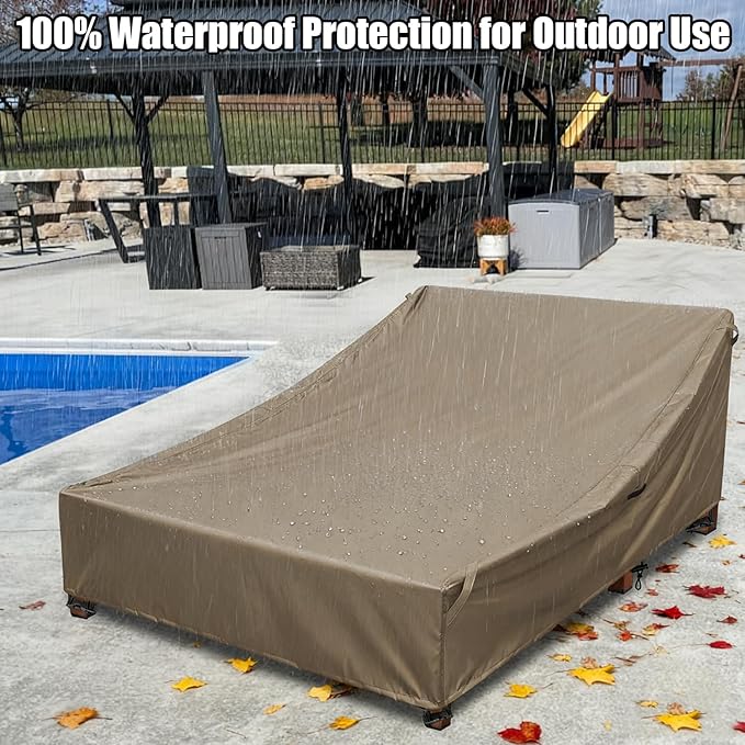 Double Chaise Lounge Cover Outdoor 100% Waterproof Weather-resistant Polyester Fabric Patio Double Wide Lounge Chair Covers All-season Weatherproof Protection Cover for Outdoors Furniture, Camel