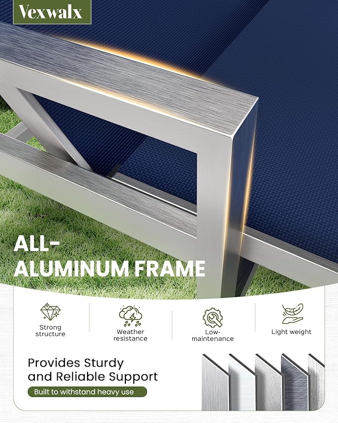 Patio Chaise Lounge Outdoor Chair with Wheels&Armrests, Aluminum Pool Lounge Chairs 5-Position Adjustable Recliner, Outdoor Beach Lounge Chairs for Poolside, Patio, Deck, Yard, Navy Blue