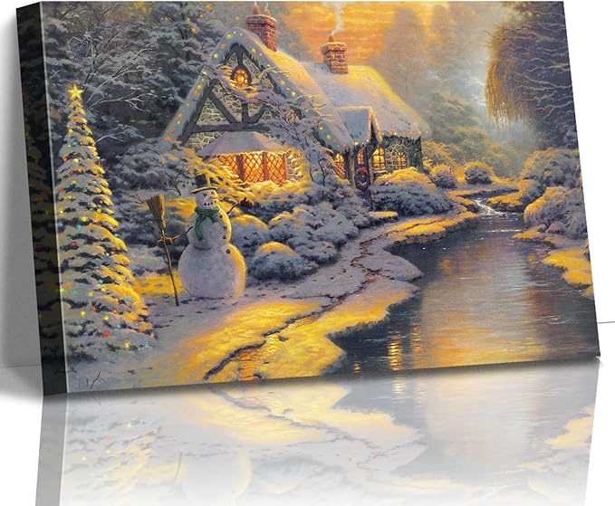 STUDIO HAVEN Thomas Kinkade Canvas Wall Art, Christmas Cottage Snowman Lit Tree Snow-Covered Home and Winter Stream Oil Painting Poster Holiday Wall Decor, Framed Prints for Home Decor, 16x12Inch