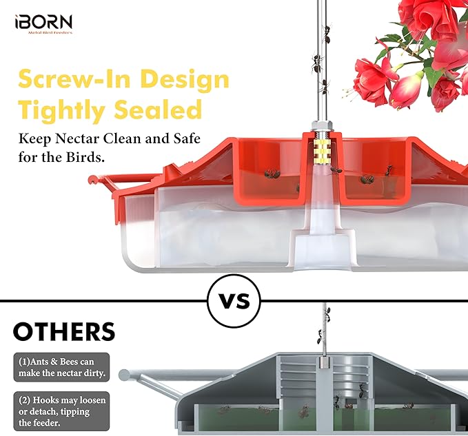 iBorn Hummingbird Feeders for Outdoors Hanging,Bee Proof Hummingbird Feeder with 14 Feeding Ports,13 OZ Saucer Humming Bird Feeders with Ant Moat,Ant Proof No Leak,Easy to Clean and Refill,Red,1 Pack
