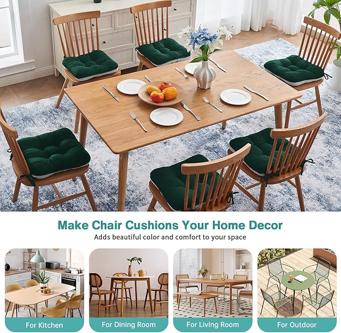 BETU Chair Cushions for Dining Chairs Set of 6,3.5" Thick Kitchen Table Chair Pads with Ties,Non Slip Backing and Covers, Seat Cushion for Dining Room,Bar,Patio Chairs,16"X16"X3.5",Dark Green