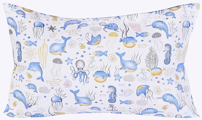 Scientific Sleep Sea Animals Dolphin Whale Octopus Jellyfish Cute Fun 100% Cotton Cozy Twin Bed Sheet Set, Flat Sheet & Fitted Sheet & Pillowcase Natural Bedding Set (Blue Whale, Twin)