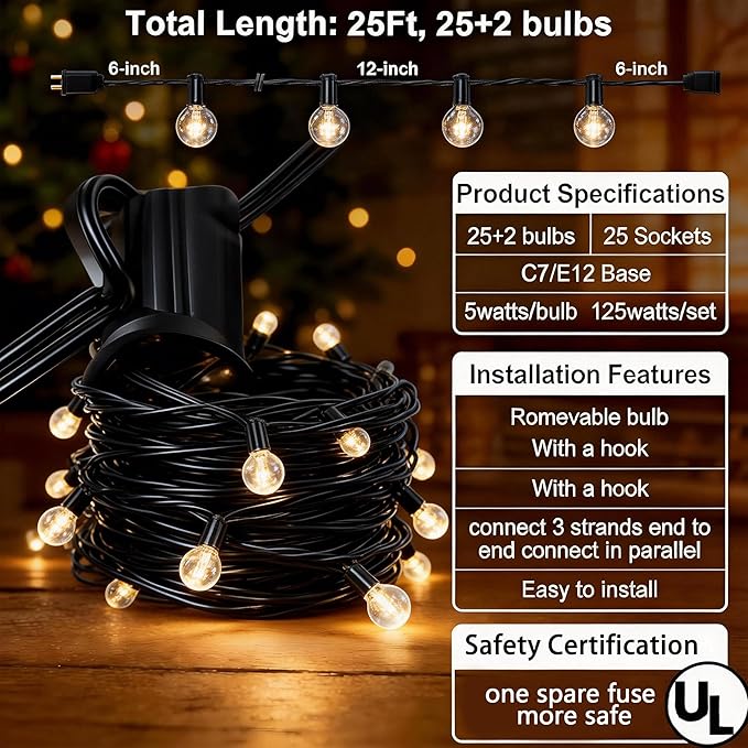Abeja 25Ft Outdoor Patio String Lights, G40 Outdoor Globe String Lights with 27 Clear Bulbs, Hanging Light for Porch Backyard Deck Bars Wedding Indoor Decor, E12 Base, 5W Black Wire