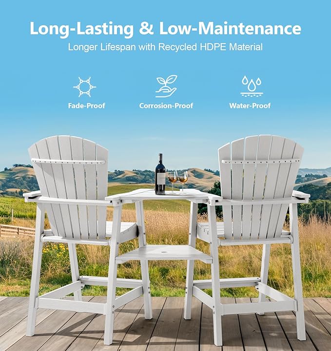 PASAMIC Tall Adirondack Chairs Set of 4, All-Weather HDPE Patio Chairs with Double Connecting Trays, Bar Height Heavy-Duty Outdoor Chairs for Garden, Backyard, Balcony, White