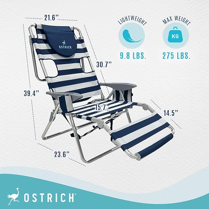 Ostrich Deltess 3N1 Portable Tanning Chair, Reclining Outdoor Lounger, and Cooler Bag, Lightweight and Adjustable, Striped Blue and White