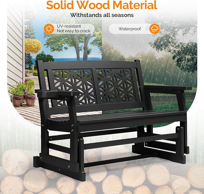 VINGLI Fir Wood Outdoor Glider with Floral Backrest, Wooden Patio Gliding Bench with Cup Holders, Smooth Rocking Chair for Garden, Yard & Porch (Black, 4FT)