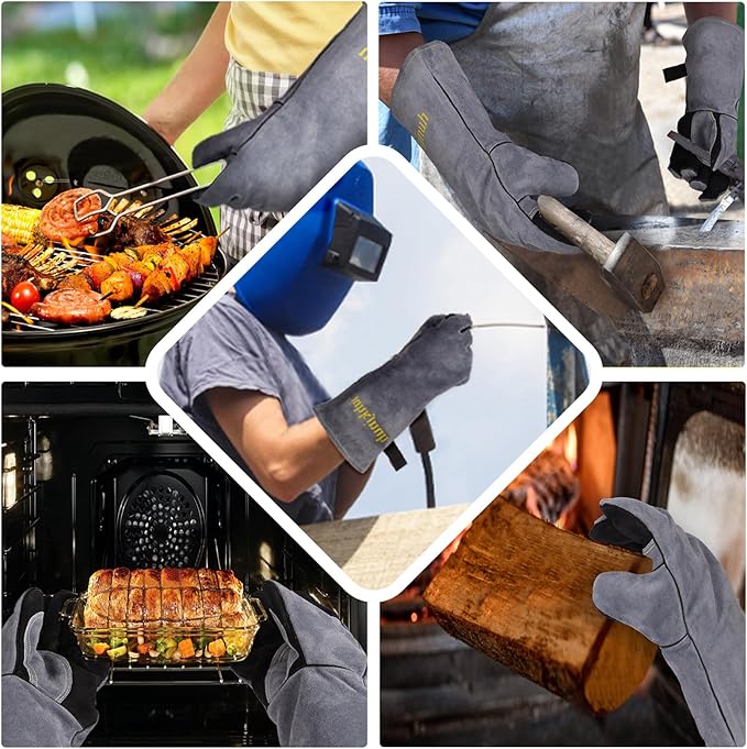 Leather Welding Gloves, 16inch 932℉ Heat/Fire Resistant, Wood Stove Gloves, Large Mitts for BBQ,Grill,Tig/Mig (Grey, M)