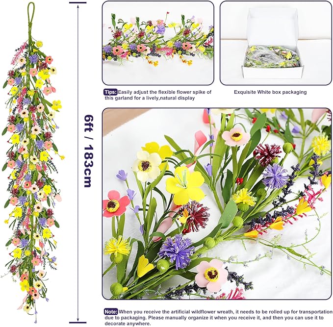 6 ft Artificial Wildflower Garland Wisteria Lavender Daisy Faux Floral Vine Summer Spring Floral Fake Garland All Year Round Home Decor for Indoor Outdoor Home Wedding Arch