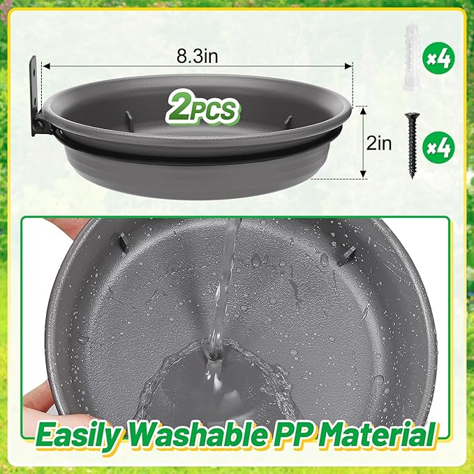 Fence Bird Feeders Tray - 2pcs Tree Mounted Wild Bird Bath for Outdoors Place Food Water, Installed on Deck Wall Stakes with Heavy Duty Iron Ring, 8.3'' Dia. (Grey)