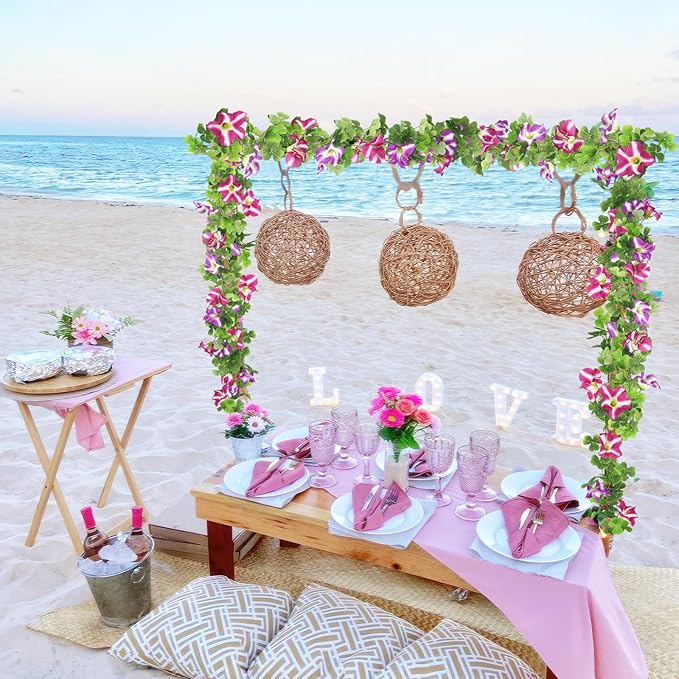 2 Pcs Artificial Flowers Vines Outdoors Silk Petunias Garland Purple Fuchsia Spring Flowers Garland for Mantle 11 FT Fake Morning Glory Hanging Vines for Mailbox Fence Wedding Banquet Decor