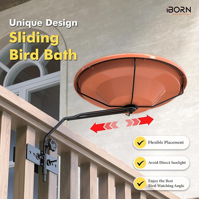 iBorn Bird Bath for Outside，Fence Mounted Bird Bath，Bird Baths for Outdoors, 12in BPA-Free Bowl，360°Swivel & Adjustable Height Bracket，Detachable Bird Bath for Fence Railing, Pack of 1