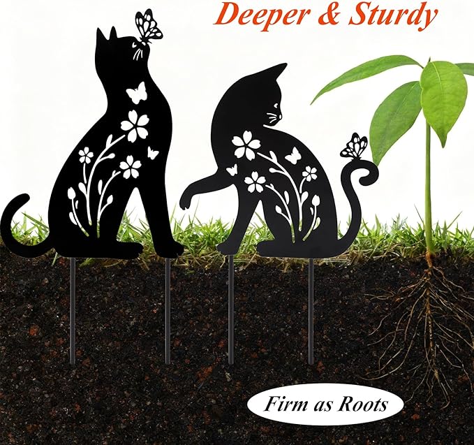2 Packs Cat Garden Decor for Outside, Cat Gifts for Women/Men/Mom/Grandma, Metal Decorative Garden Stakes for Outdoor Lawn Statues Yard Art