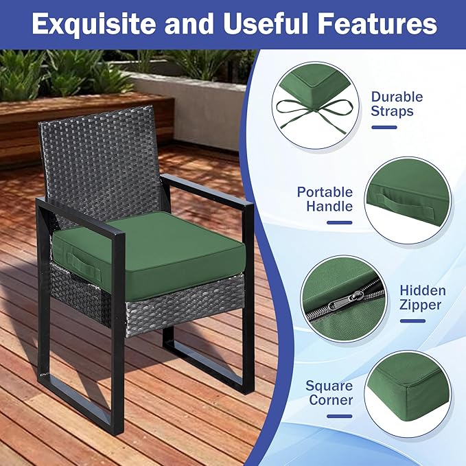 Patio Chair Cushions, 19" x 19" x 3" Outdoor Chair Cushions Set of 4, Waterproof Outdoor Cushions for Patio Furniture, Outdoors Seat Cushions Set of 4 with Handle and Ties, Forest Green