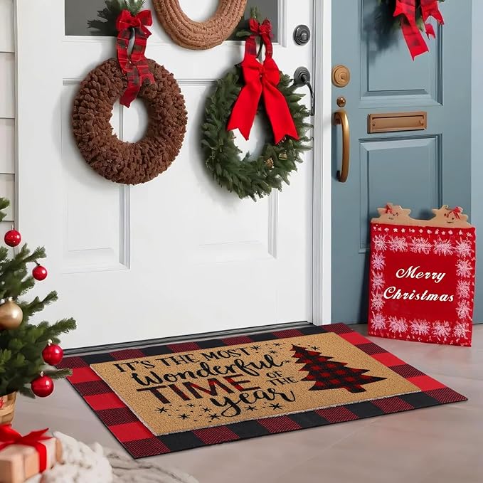 Tinideya 2 Pcs Christmas Tree Door Mat Welcome Non Slip Coir Mats Merry Xmas Black Red Buffalo Plaid Floor Layering Doormats Seasonal for Front Porch Entryway Decor(Christmas Tree)