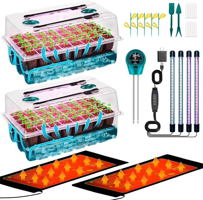 Self-Watering Seed Starter Tray with Grow Light and Heat Mat, 80-Cell Plant Starter Trays Seed Starter Kit, Seed Starter Tray for Seed Starting, Plant Germination & Seedling Growing, 2 Pack