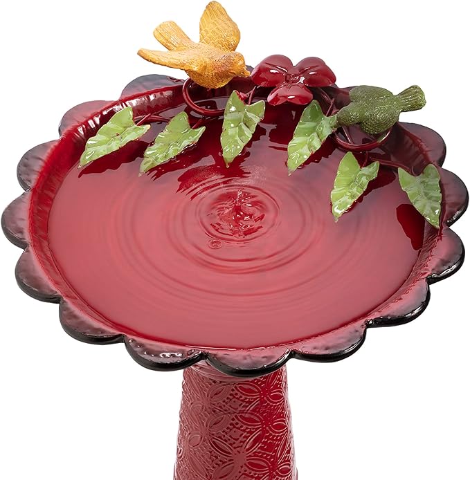 Alpine Corporation - 28" Tall Outdoor Metal Birdbath with Birds and Leaves Yard Statue Decoration, Red – Stunning Garden Accent to Attract Birds - Durable Construction for Patio, Deck, or Yard