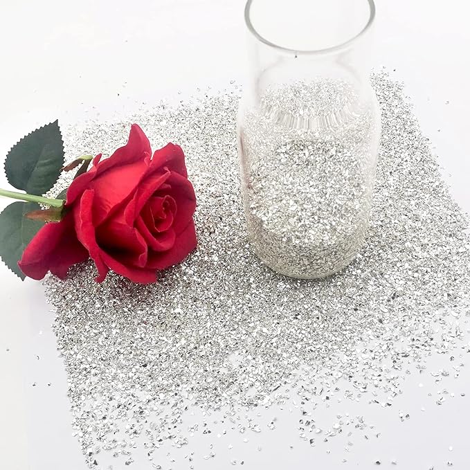 1 lb Crushed Glass Glitter for Crafts, DIY Nail Art, Vase fillers for Centerpieces Table Scatter, Irregular Chips, Wedding Decoration, Home Decor (Silver)