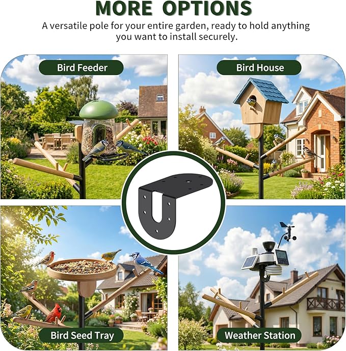 LONA Heavy Duty Bird Feeder Pole - 105 Inch Adjustable Height with 0.9-Inch Dia Bird House Pole Mount Kit for Outdoors, Squirrel Proof Baffle, 5-Prong Base, Feeding Stand for Hanging Feeders