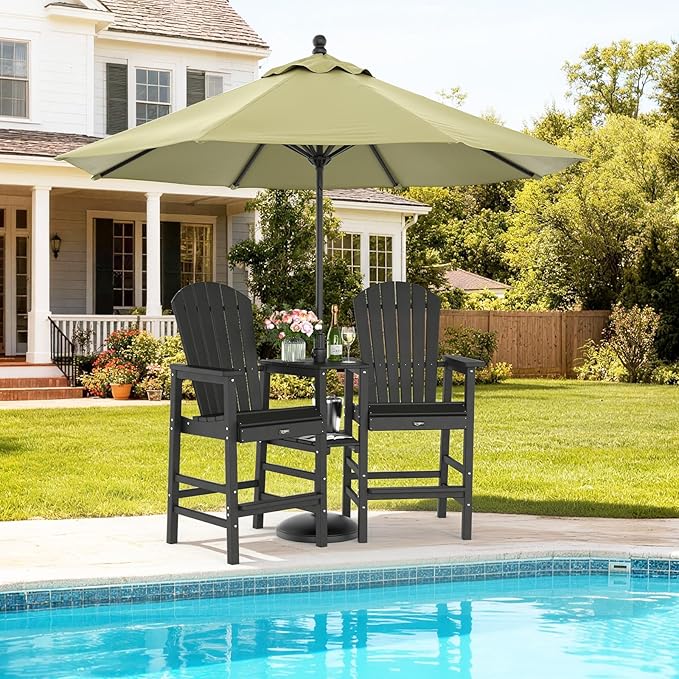 VINGLI Tall Adirondack Chairs Set of 2, All Weather HDPE Bar Height Adirondack Chair with Double Trays, Adirondack Barstools for Balcony, Poolside, Backyard and Patio (Black)