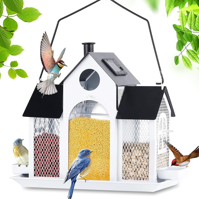Solar Bird Feeder House for Outside Hanging, Large Capacity Birdhouse Bird Feeders Hanging for Outdoors, Metal Mesh Wild Birdfeeder for Finch Cardinal, White and Black