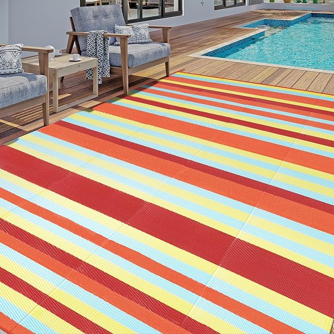 HUGEAR Outdoor Waterproof Rug 9'x12' Plastic Straw Rugs Washable Reversible Floor Mat Rainbow Stripe Carpet for Camping RV Deck Entryance Porch Picnic Balcony Beach Backyard