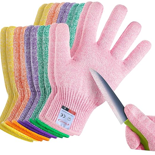 Cutting Gloves, 5 Pairs of Cut Resistant Gloves Food Grade, Cut Resistant Gloves for Kitchen, Oyster Shucking, Fish Fillet Processing, Carving Wood and Gardening(Small-Macaron)