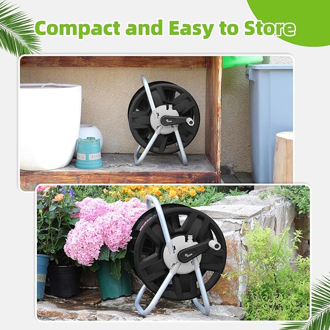 Water Hose Reel Cart, Holds 60-80 Ft of 5/8 Inch Hose, Black Wall Mounted Garden Hose Cart, Portable Hose Reel for Convenient Storage and Watering