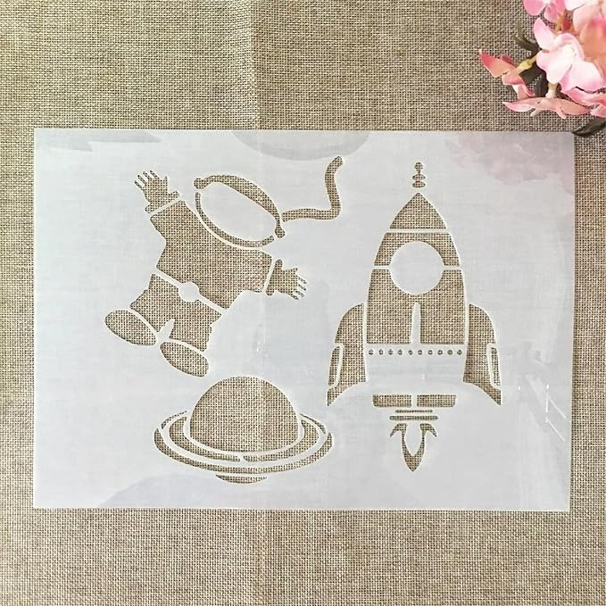 TIAMECH A4 Reusable Astronaut Stencil for Painting - Rocket Planet Layering Template, DIY Wall Art, Wood Furniture, Scrapbook & Crafts (8.3x11.7inch)