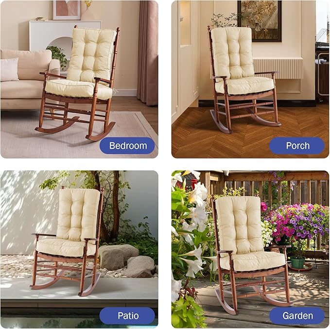 Rocking Chair Cushion, Waterproof and Fade-Resistant Patio Chair Cushions, Tufted Chair Pads for Rocker Furniture, 17x17 Inch, Indoor/Outdoor Seat Cushions with Ties, Beige (Pack of 2)