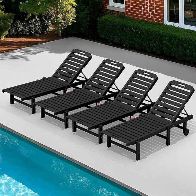 SERWALL Patio Chaise Lounge Chair Set of 4, HDPE Outdoor Lounge Chair with Cup Holder, 5 Positions Adjustable Poly Lounger with Rolling Wheels for Poolside, Deck, Sunbathing, Black