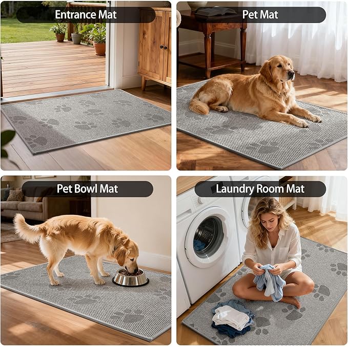 Door Mat Indoor Entrance 17"x30", 0.16" Thin Paw Print Low Pile Doormat, Non Slip Welcome Mat, Trap Dirt and Moisture, Easy Clean, Gray