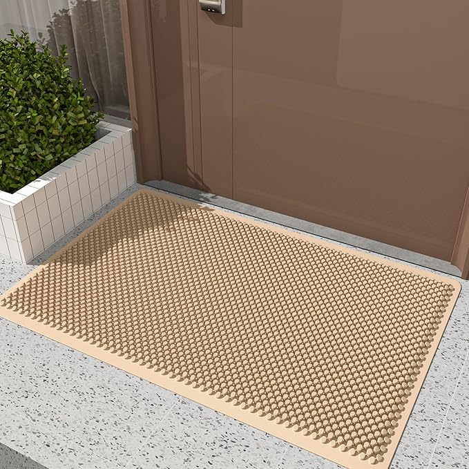 Fowooyeen Outdoor Door Mat, 30'' x 17'' Silicone Scraper, Sturdy Non-Slip Washable Weatherproof Low-Profile Shoe Cleaner for Indoor Entrance, Beige
