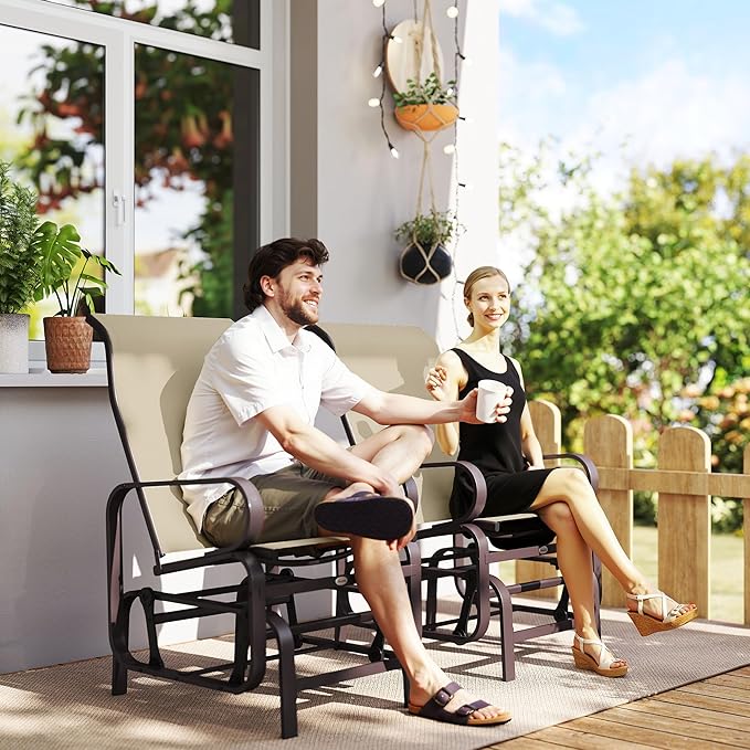 Outsunny Outdoor Glider Chair Set of 2, Gliders for Outside Patio with Smooth Gliding Mechanism and Lightweight Construction for Backyard, Khaki
