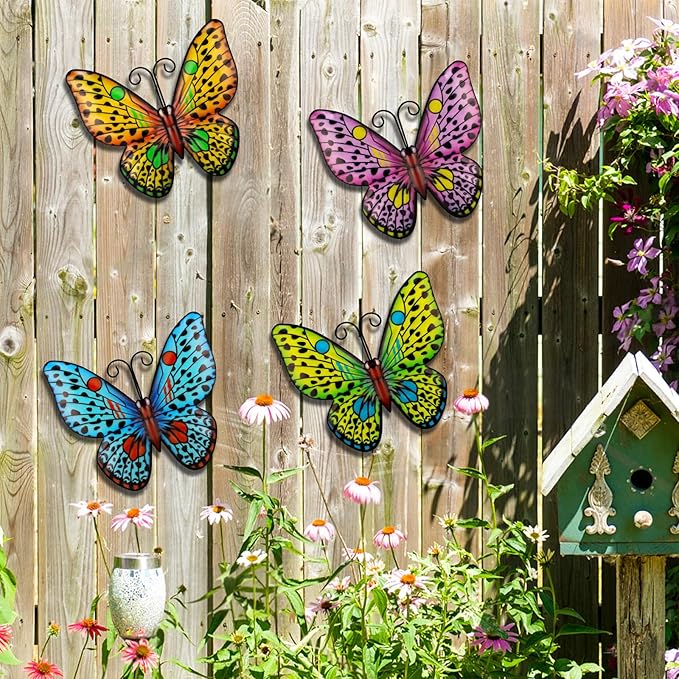 HKKDKTA Metal Butterfly Wall Decor, 4 Pack Outdoor Metal Wall Art Butterfly Decorations for Backyard Patio Fence Garden Balcony