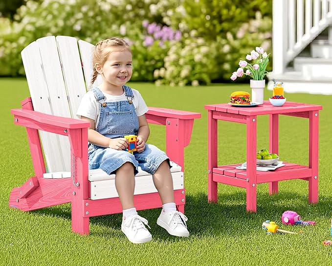 SERWALL Kids Adirondack Chair, HDPE Adirondack Chair for Children,All-Weather Resistant for Patio, Garden, Backyard - White and Light Pink