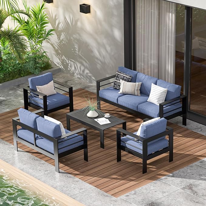Wisteria Lane Aluminum Patio Furniture Set for All Weather, Oversized Metal Outdoor Furniture Set with 27.5" Deep Seat and Thick Back Cushion, Outdoor Patio Conversation Sets with Wide armrest, Blue
