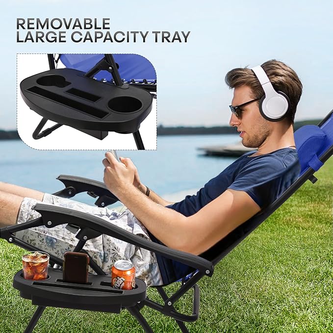Athena Collection Zero Gravity Chair, Folding Lounge Chair, Reclining Camping Chair, Outdoor Zero Gravity Recliner with Adjustable Pillow and Cup Holder for Outside Beach Garden Patio Poolside - Blue