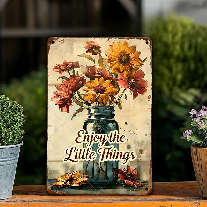 Garden Signs Vintage Flower Sign Funny Fresh Flowers Iron Painting Enjoy The Little Things for Kitchen Enjoy for Farmhouse Home Garden Kitchen Office 16x12 Inch