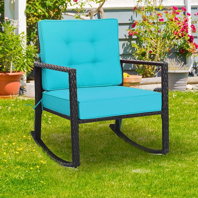 Tangkula Wicker Rocking Chair, Outdoor Glider Rattan Rocker Chair with Heavy-Duty Steel Frame, Patio Wicker Furniture Seat with 5” Thick Cushion for Garden, Porch, Backyard, Poolside (1, Turquoise)