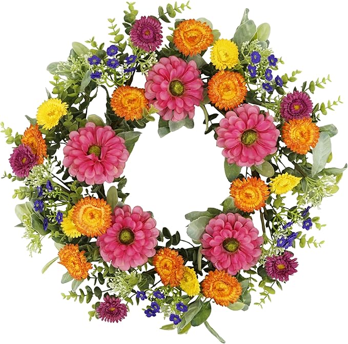 YNYLCHMX 18 inch Spring/Summer Front Door Ring Wreath, Simulated Colorful Daisy Petals, Suitable for Wall Window Farm Parties, Festivals, Home Decoration