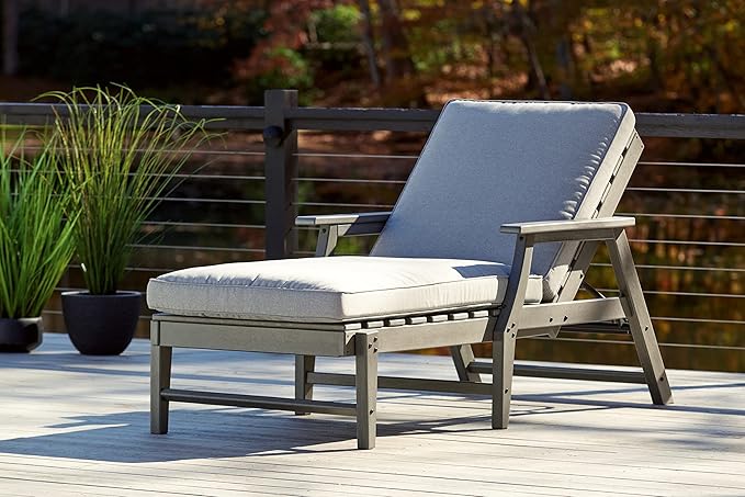 Signature Design by Ashley Visola Contemporary Outdoor Cushioned Chaise Lounge with Adjustable Backrest, Nuvella Weather Resistant Fabric, Gray
