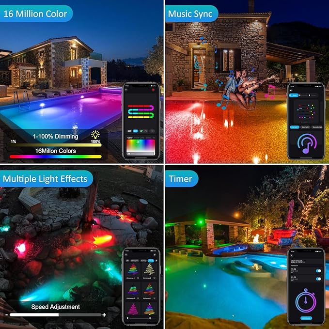 T-SUN Colored Pond Lights with Timer, LED Underwater Submersible Fountain Fish Tank Landscape Lights - Bluetooth APP & Remote Control, IP68 Waterproof (Set of 3)