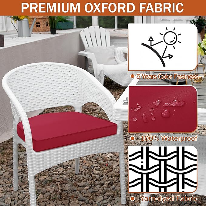 Outdoor Chair Cushions Set of 4 Waterproof Patio Chair Cushions with Tie 5 Year Color Fastness Thick Outdoor Seat Cushion for Garden Lawn Round Corner Burgundy 17x16x2 Inch