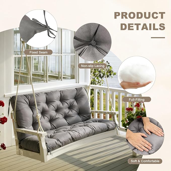 Porch Swing Cushion with Backrest,Waterproof Bench Cushion for Outdoor Furniture,2-3 Seater Replacement Thickened Swing Cushion with Ties,Patio,Outdoor,Backyard and Garden (Dark Gray,40x40)