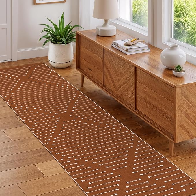LIVEBOX Burnt Orange Runner Rug- 2x8 Runners for Hallway Kitchen, Cotton Blend Long Entryway Area Rugs, Boho Washable Long Mat Fall Halloween Decor Rugs