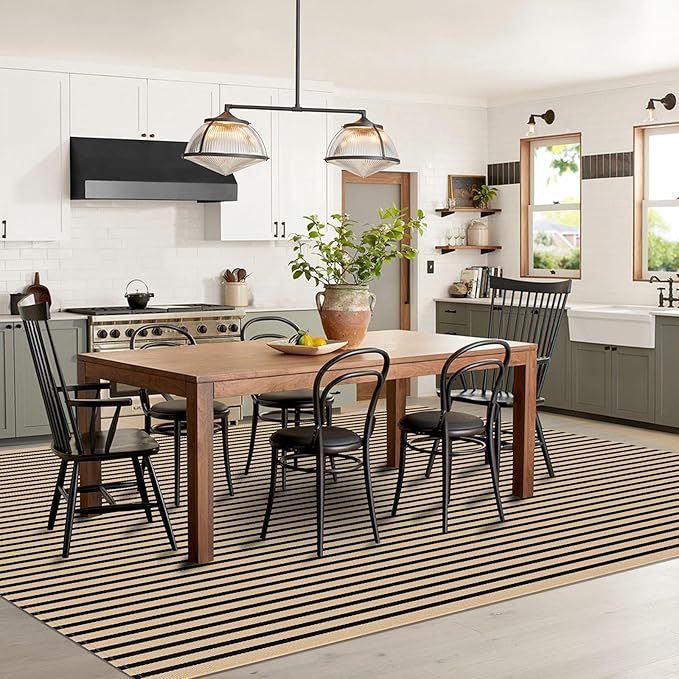 IOHOUZE Striped Area Rug 8'x10' Indoor Outdoor Rug, Washable Area Rug for Living Room, Large Patio Rug, Cotton Striped Rugs for Patio Living Room Bedroom, Tan/Black